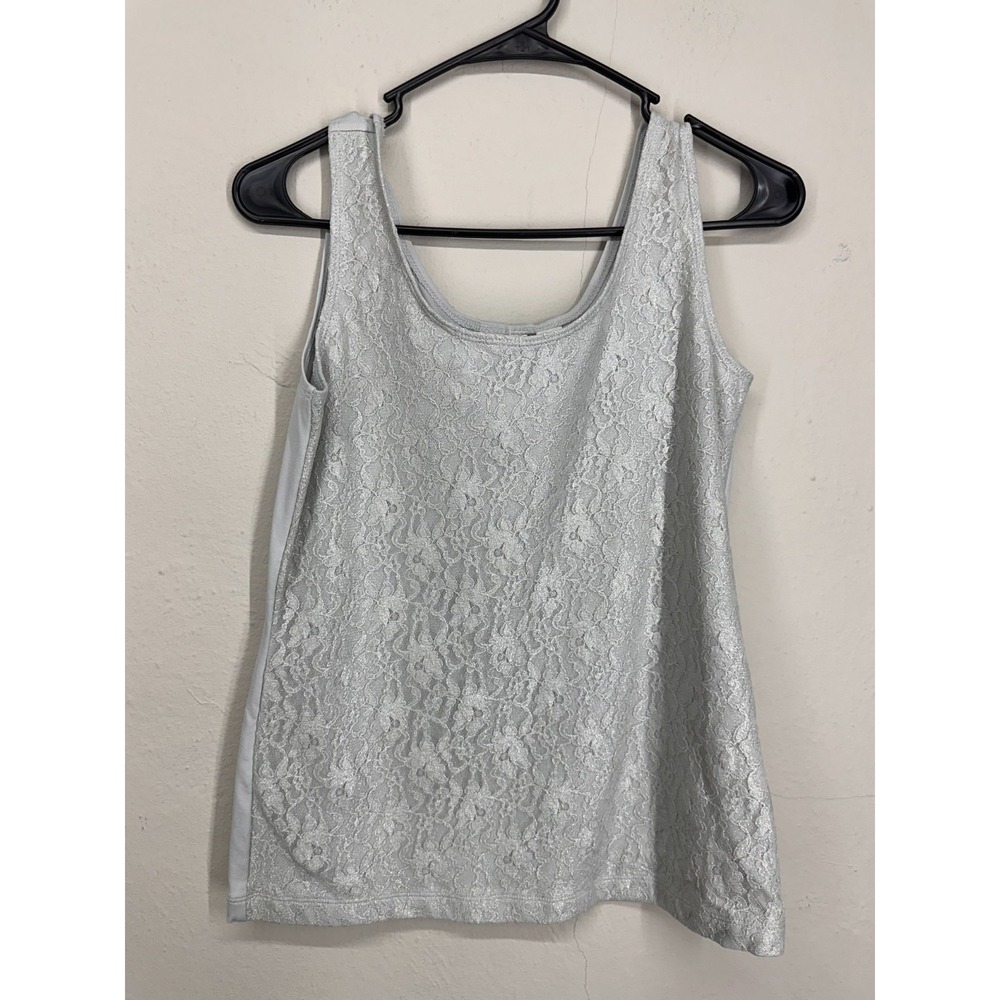 Chico's Tank Top Shell Size 4 Silver Metallic Shimmer Lace Overlay Party Night